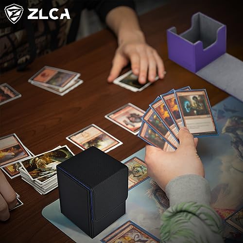 Image of ZLCA Card Deck Box for Trading Cards, MTG YuGiOh Deck Case Holds 100+ Single Sleeved Cards, PU Leather Magnetic Card Storage Box Fits for TCG CCG Magic Game Cards (Black& Blue)