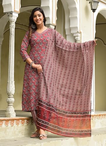 Image of Nermosa Women Printed Straight Kurta and Pant Set with Dupatta