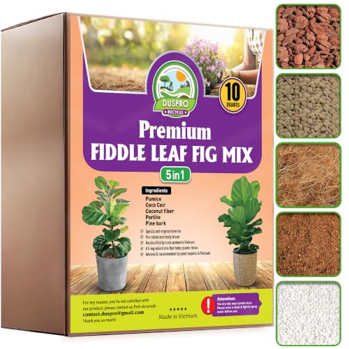 DUSPRO Recycle Fiddle Leaf Fig Soil Specialized for Fiddle Leaf Fig Plant Indoor 5-in-1 Pre-Mixed with Coco Coir Coconut Fiber Perlite Pumice Pine Bark Ready-to-Use Handmade Mix Drainage 10 QRT