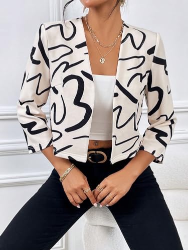 SweatyRocks Women's Graphic Printed 3/4 Sleeve Open Front Crop Jacket Casual Lightweight Cardigan Jackets Work Office Blazers4