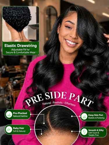Image of KLAIYI Loose Body Wave Pre Everything Glueless 13x4Lace Front Wigs Human Hair Layered Face Framing Side Bang Drawstring Pre Plucked Bleached Bye Bye Knots 3S Ready to Wear and Go Wig for Women 26Inch