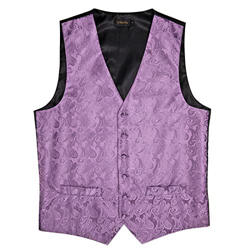 Image of DiBanGu Mens Paisley Suit Waistcoat,Silk Dress Vest and Bowtie Pocket Square Cufflinks with Lapel Pin Set for Wedding Tuxedo, Purple, Small
