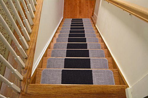 Millenium Stair Tread Treads Meander Greek Key Design Indoor Skid Slip Resistant Carpet Stair Tread Treads Machine Washable 8 ½ inch x 30 inch (Set of 13, Meander Black-Grey)