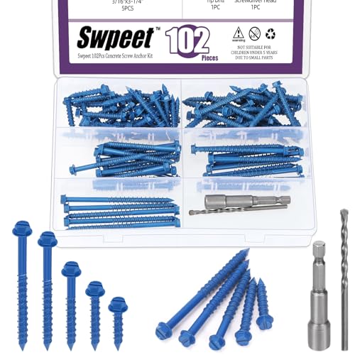 Swpeet Lot de 52 vis à béton à tête hexagonale fendue de 6,35 mm x 8,9 cm avec douille hexagonale et assortiment de forets, vis à ciment autotaraudeuses...