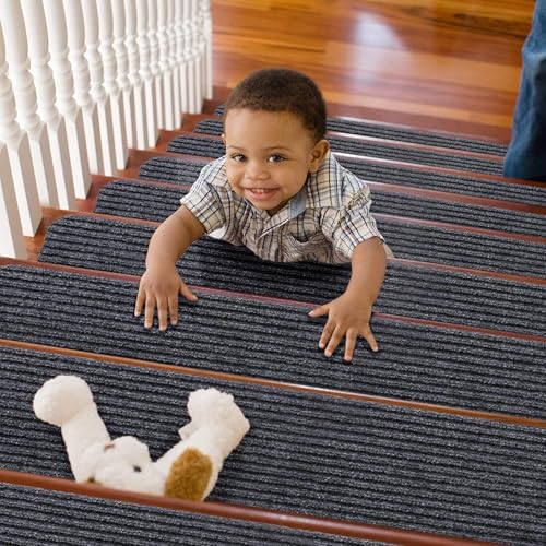 Shario Premium Non-Slip Stair Treads 15 Pack, 20x75cm Pre-Applied Adhesive Stair Mats, Waterproof Non-Skid Carpet Runner for Steps, Safety Stair Pads for Kids Elders Dogs (Grey)