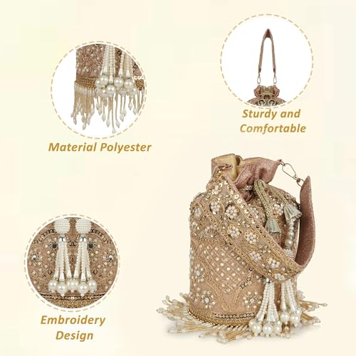 Image of Nevis Silk Fabric Designe Embroidered Potli Bag with Pearl Tassels & Beaded Strap | Bridal Ethnic Drawstring Clutch for Wedding