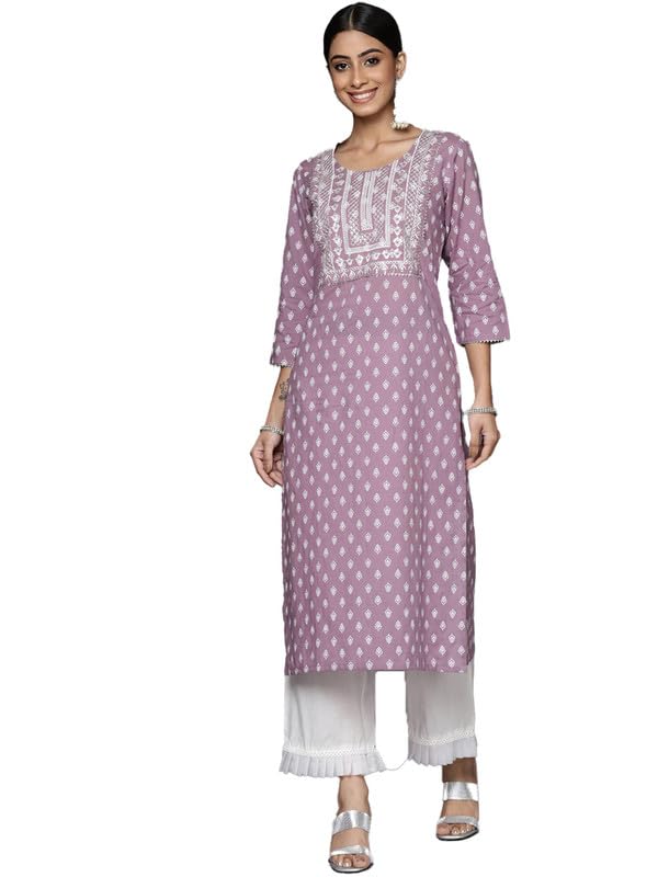 Varanga Womens Mauve Straight Kurta With Embroidered Yoke For Casual & Everyday Wear (Extra Large)