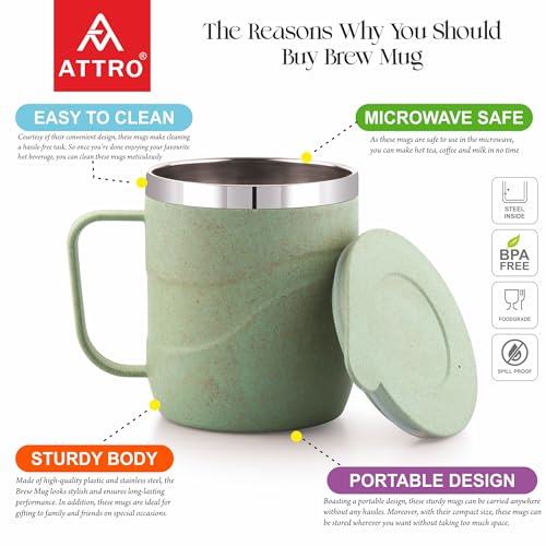 Image of ATTRO Brew Mug - Stainless Steel Inner with eco Friendly Outer Body Durable & Stylish, Microwave Safe Coffee /Tea Mug with Handle & Lid, Ideal for Home, Office, Travel & Gifting - 300ml - Pastel Green
