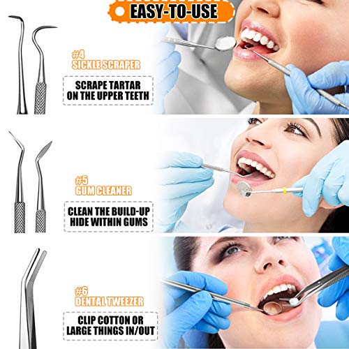 Dental Tools, 6 Pack Teeth Cleaning Tools Stainless Steel Dental Scraper Tooth Pick Hygiene Set with Mouth Mirror, Tweezer Kit for Dentist, Family Oral Care, Dogs - with Leather Case