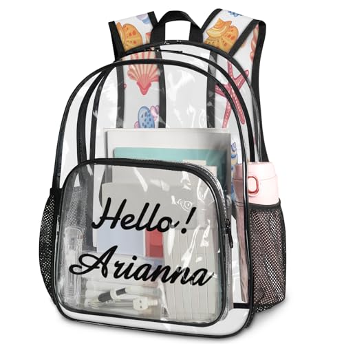 Summer Beach Personalized Large Clear Backpack Heavy Duty for Stadium Approved Custom Seashells Starfish PVC Transparent Backpack with Name See Through Bag for Concerts