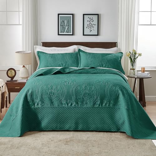 Image of Qucover Alaska King Bedspread 132x 120, Extra Wide Oversized King Bedspread, 3 Piece Soft Microfiber Lightweight Oversized King Quilts Comforter Set, Vintage Persian Pattern, with Pillow Shams, Teal