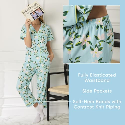 Image of Bed Head PJs Womens Matching Pajamas - Soft Organic Cotton Button Down PJ Shirt & Cropped Pants Set - Loungewear & Sleepwear
