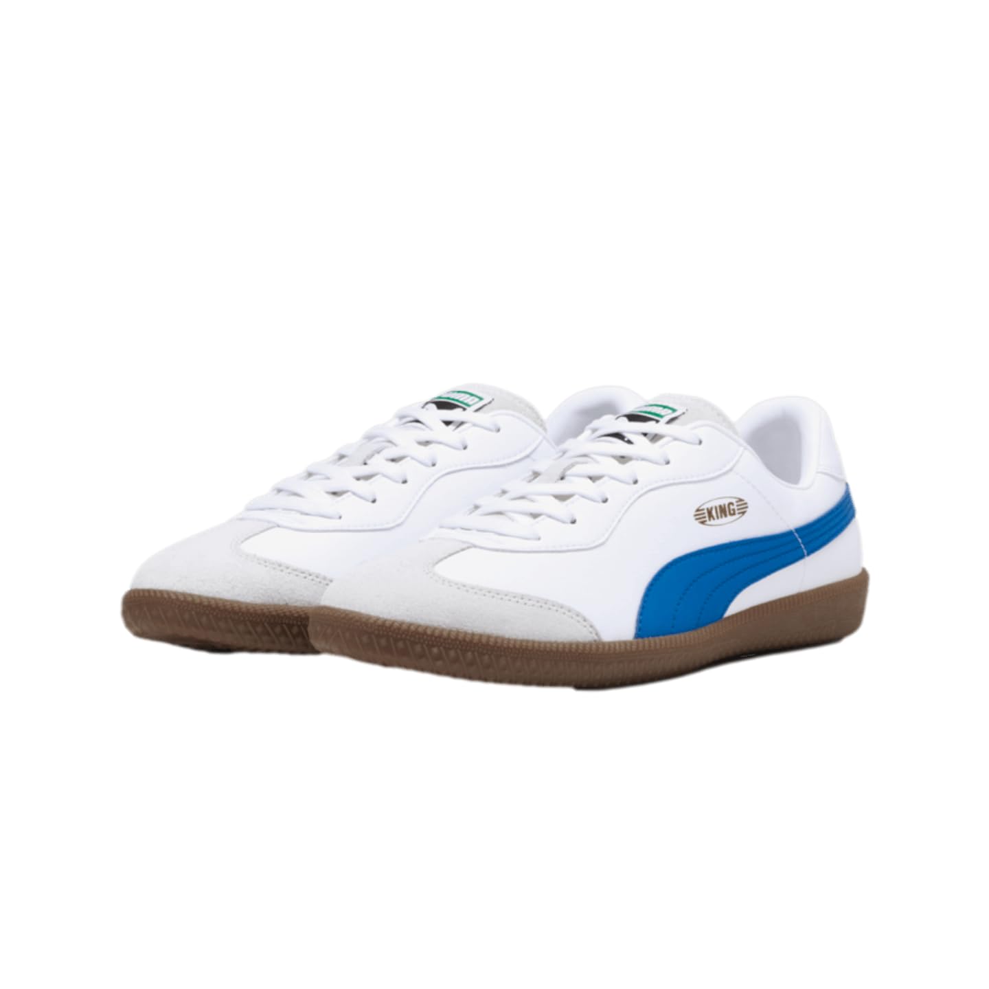 PUMA King 21 Men's Indoor Soccer Shoes - Classic Style, Modern Functionality, Soft Leather Upper, Rubber Outsole (White/Bluemazing, US 9)