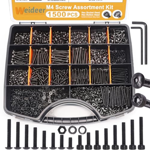 weideer 1500pcs M4 Screw Assortment Kit,M4X4mm-40mm Metric Bolts and Nuts Kit,Hex Socket Head and Hex Button Head Machine Screws Nuts and Washers with Allen Wrench K-185