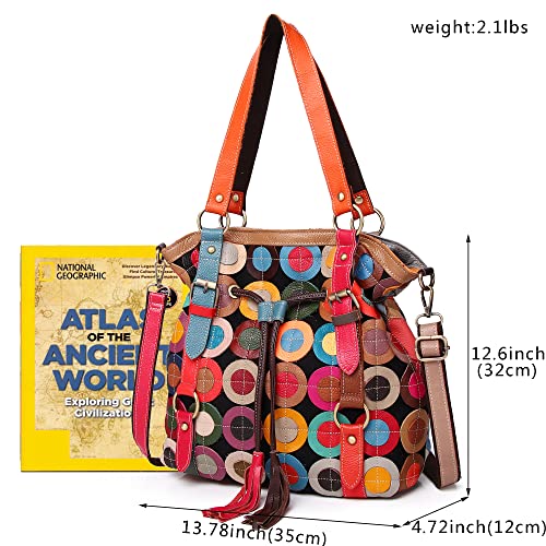 Women Multicolor Shoulder Handbag Leather Purse Circle Splicing Tassel Satchel2