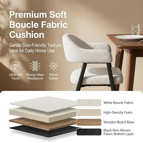 Image of HNY Modern Dining Room Arm Chairs Set of 2, Mid-Century White Faux Sherpa Boucle Upholstered Barrel Dining Chairs with Arms, Black Metal Legs, Open-Back Kitchen Side Chair for Living Room