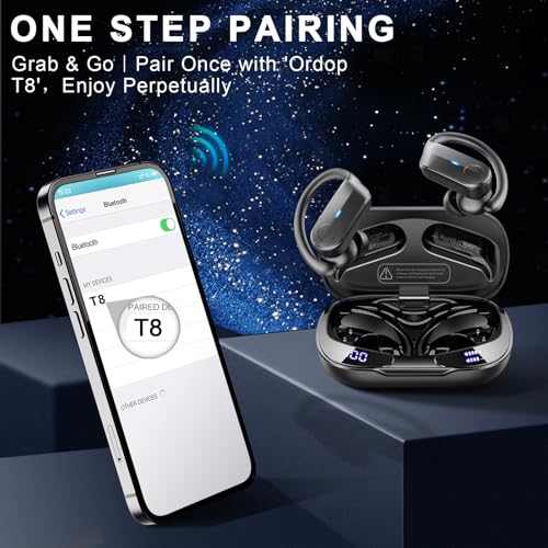 Image of Ordtop Sport Wireless Earbuds with Earhooks, 70H Playtime, IPX8 Waterproof | Bluetooth 5.4, 4 ENC Microphones, Deep Bass Sound, LED Display, USB-C Fast Charging, Secure Fit For Running, Gym And Workouts