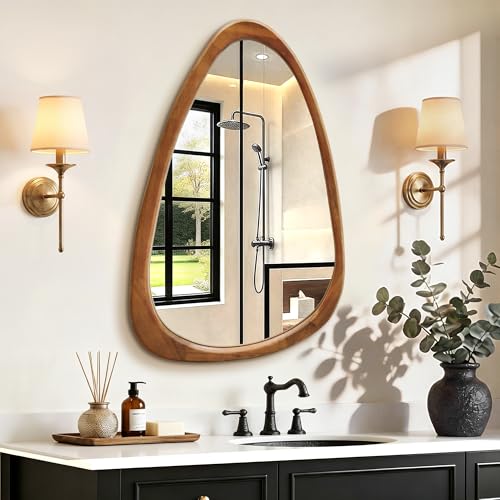 Image of Asymmetrical Mirror, 30 inchx20 inch Unique Irregular Wall Mirror, Wood Mid Century Modern Mirror Decor for Bathroom Bedroom Living Room Entryway Hallway (Natural Wood)