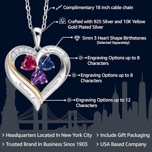 925 Silver and 10K Yellow Gold Customized and Personalized 3 Stone 5MM Heart Shape Gemstone Birthstone and White Lab Grown Diamond Name Engraved Pendant Necklace For Women with 18 inch Chain2