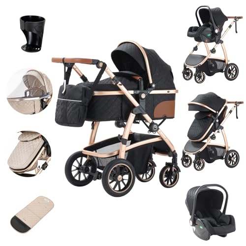 Zkiprm Cochecito 3 en 1 con asiento de coche para cochecitos y cochecitos, cochecito compacto, portátil, reposabrazos ajustables, protección contra golpes, marco de aluminio, color negro