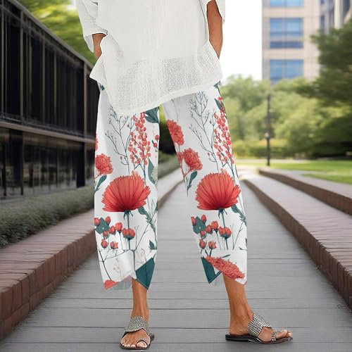 Womens Cotton Linen Wide Leg Pants Botanical Print Loose Fit Cropped Summer Lounge Trousers with Elastic Waist2
