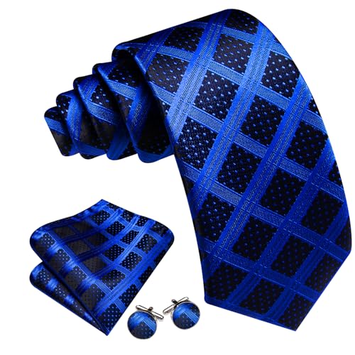 Image of Barry.Wang Plaid Ties Check Mens Necktie Set with Handkerchief Cufflinks Classic Stripe, B-royal Blue