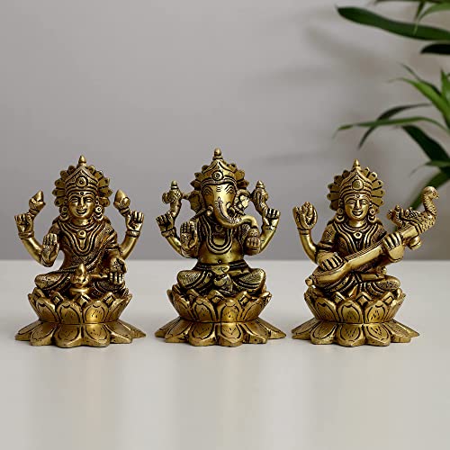 Jaszz Art Acabado dorado antiguo Lakshmi Ganesh y Saraswati ji en loto, paquete de 3 (mediano)