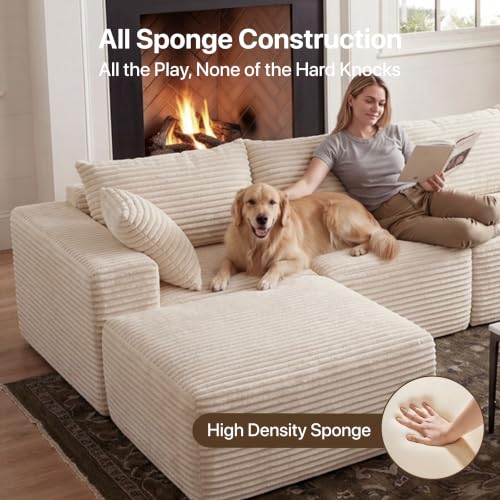 Image of Claiks 120 inch Boneless Couch, U-Shape Corduroy Sectional Sofa, Beige