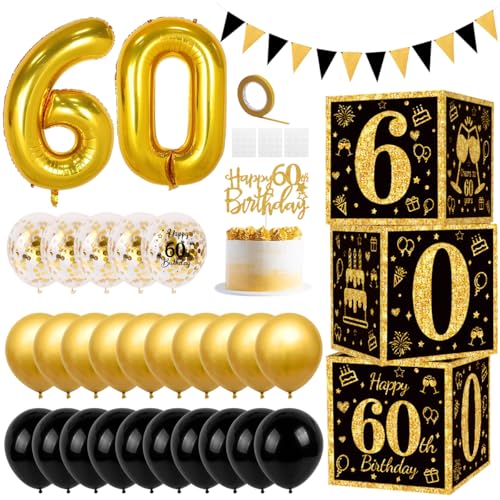Balões de aniversário 60 anos, decorações para 60º aniversário com 3 unidades caixa de ouro preto, balões de folha número 60, impressos, dourados e pretos, para decoração 60th festa
