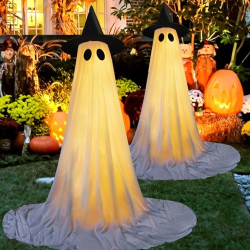 Halloween Decorations Ghost Outdoor Light Up Ghost Kit 2Packs, Halloween Decor with String Lights, Spooky Halloweens Ghosts Decorations Outside with Witch Hat for Lawn Yards Front Porches