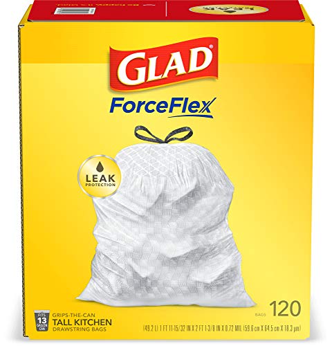 Glad ForceFlex Tall Kitchen Drawstring Trash Bags – 13 Gallon White Trash Bag, Unscented – 120 Count (Package May Vary)