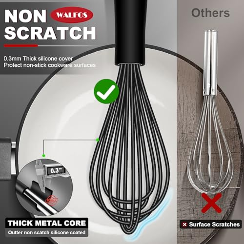 Image of Silicone Whisks set with 7+5in mini stainless steel whisk, Non Scratch Coated 7+9+11in Whisks for Nonstick Cookware,Premium for Blending, Whisking, Beating, Frothing & Stirring