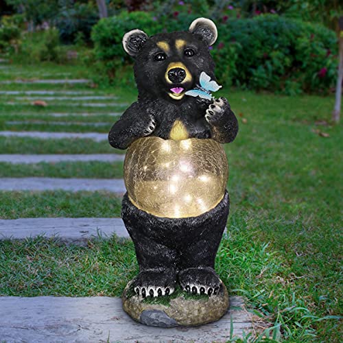 Exhart Light-Up Solar Bear Statue, Outdoor Bear Statues for Garden w/ 12 LED Light Crackle Ball Belly, Weather-Resistant Resin Outdoor Bear DÃ©cor, Bear Outdoor Statue for Garden, 7.5â€ L x 7â€ W x 17â€ H