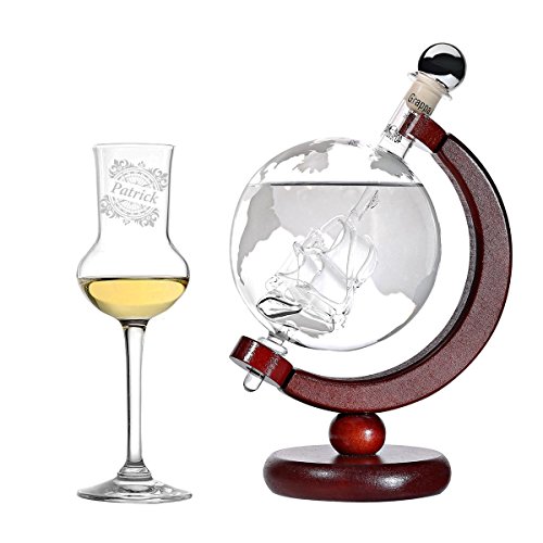 Grappa Set personnalisé - Carte du Monde Bouteille et Globe Bateau rempli 500 Grappa - Grappa Verre Grappa Tasse de 87ml - Coffret Cadeau avec Gravure - Design: Boussole Vintage