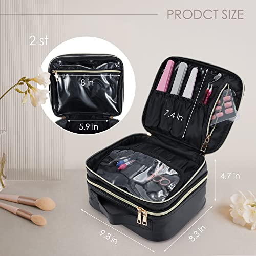 Stagiant Large Makeup Bag, Double Layer Makeup Case With Dividers Makeup Organizer Bag Cosmetic Train Case For Travel Makeup Brushes Palettes Sponge Toiletries, Classic Black #TOP5