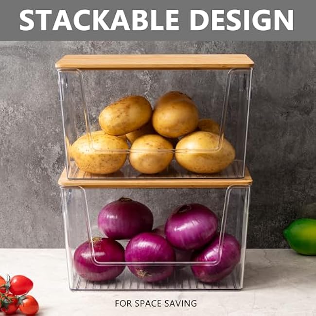 Tiawudi Pantry Organizers Storage, 4 Set Stackable Kitchen Counter Organizers for Onion, Potato, Garlic, Fruit, Produce & Vegetable, Plastic Storage Bins with Lid