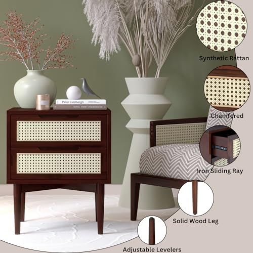 Image of Bme Oliver Solid Wood Rattan Nightstand, Bohemian & Mid Century, Walnut