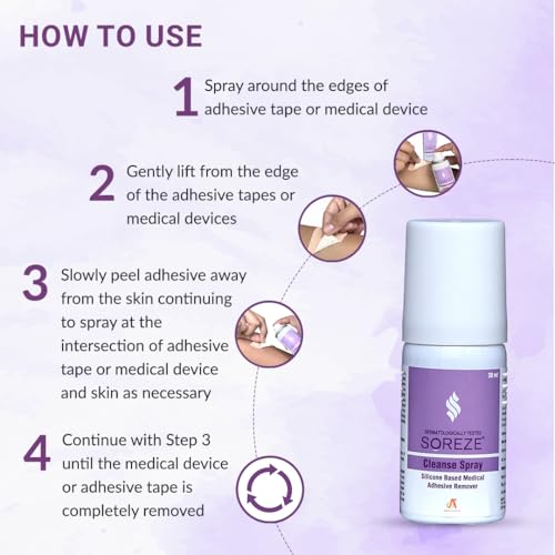 Image of Soreze Cleanse Medical Adhesive Remover Spray | Alcohol Free & Safe on Skin | No Sting and Painless | Quick Dry & Non Sticky Formula | Pack of 3 | 90ml