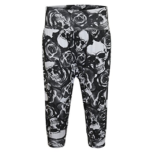 Womens Imprimé 3/4 Ali Baba Sarouel Baggy Pantalon Leggings Pantacourt 8-26 - Crâne et Rose - Squelette Tête De Mort Gothique, M/L 40-42 Cover