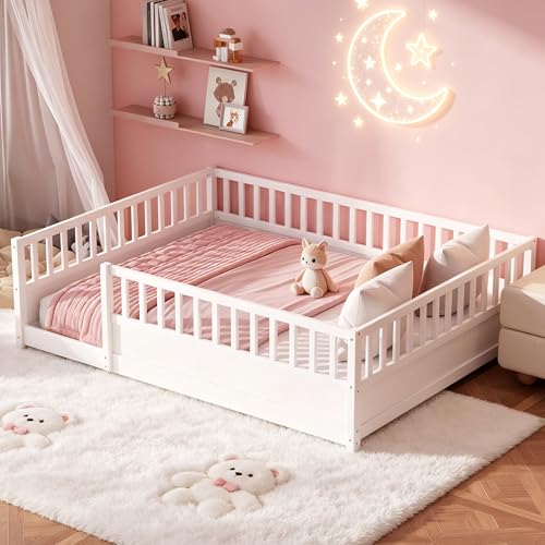 Image of Bellemave Queen Size Kids Montessori Floor Bed,Solid Wood Floor Bed Frame with High Fence and Door for Kids,Girls,Boys,White