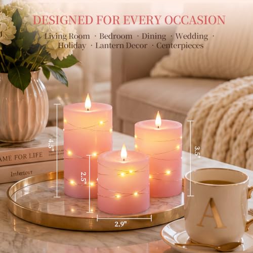 Image of Homemory Pink Flameless Candles with String Lights, Set of 3 Battery Operated LED Pillar Candles with 3D Flickering Wicks, 11-Key Remote Control and Timer for Wedding, Valentine's Day and Home Decor