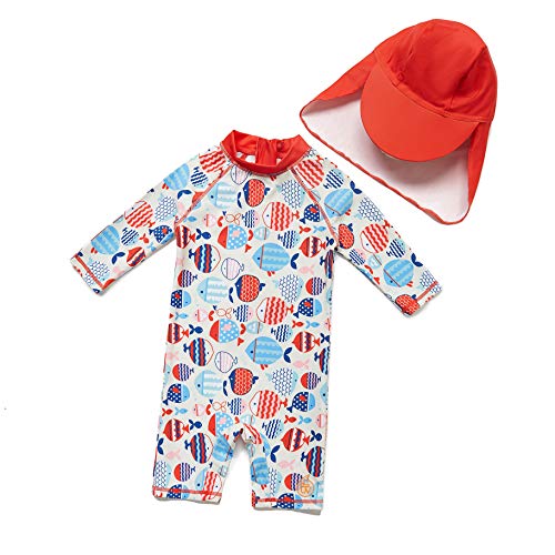 BONVERANO Bébé Maillot de Bain Une pièce à de 3/4 Manches résistant pour bébés Filles Protection UV 50+ (Rouge-Poisson,9-12mois… Cover