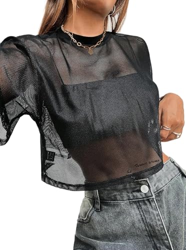 Avanova Women Sexy Sheer Mesh Crop Top See Through Oversized Short Sleeves Boxy Tee Shirt3
