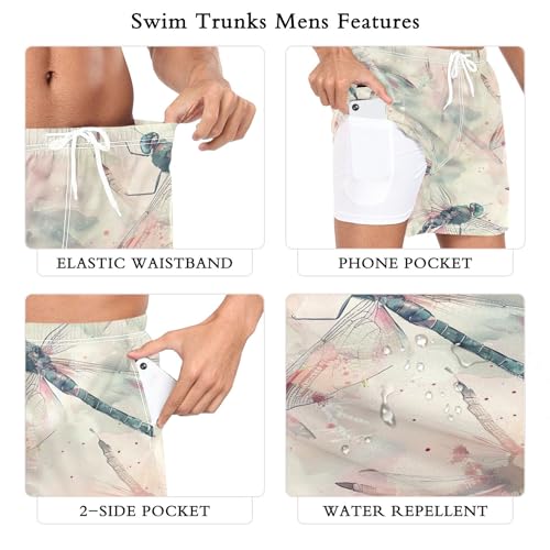 xigua Watercolor Dragonflies Mens Swim Trunks with Liner, 5 inch Quick Dry Mens Boardshorts for Beach3