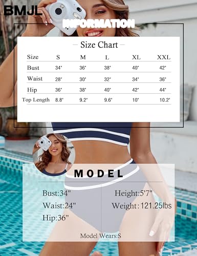 Image of BMJL Women's High Waisted Bikini Ribbed Two Piece Swimsuit High Cut Color Block Adjustable Straps Bathing Suit