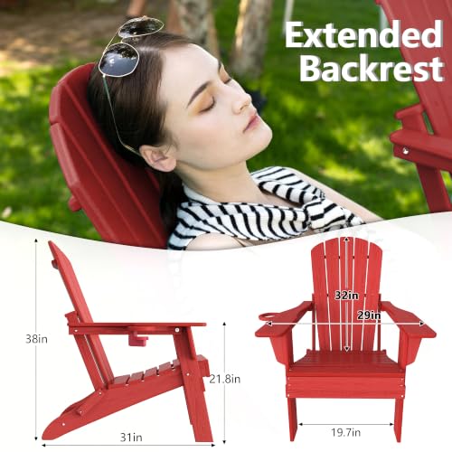 Image of Plawdlik Folding Adirondack Chair Set of 3, Cup Holder, Red | pin-free folding, 38-in tall back, Wood-grain All-weather HDPE; for fire pit, poolside, deck, backyard, patio