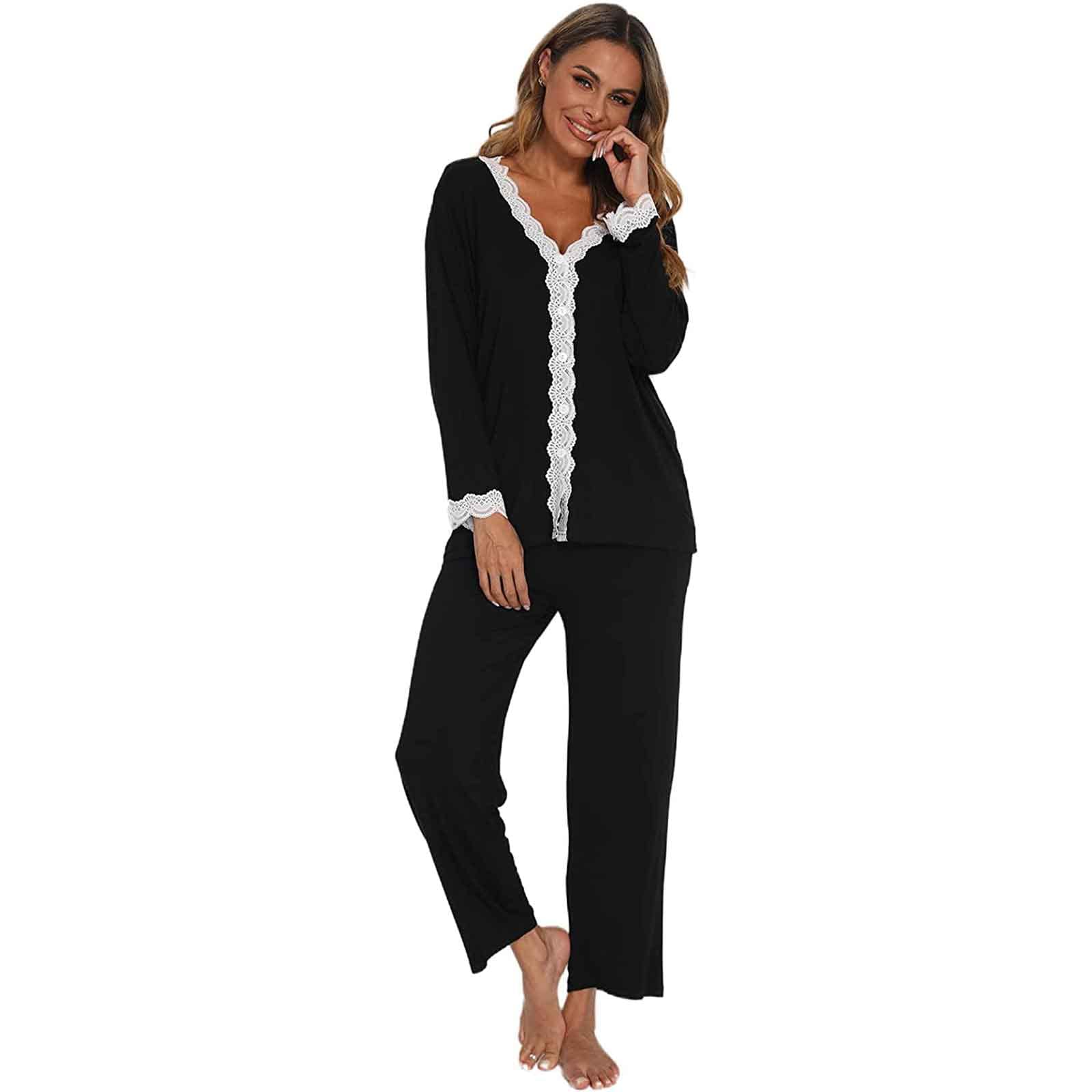 Jecarden Damen Schlafanzug mit Spitze Lang - Damen Pyjama Set Winter Langärmelig Nachtwäsche Zweiteiler Baumwolle Sexy Pyjama für Frauen weiche Loungewear
