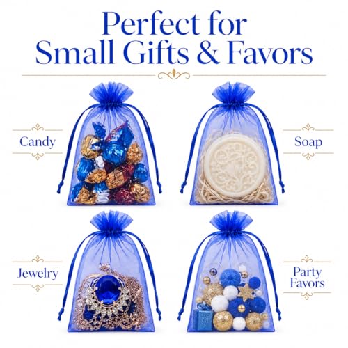 Image of Hopttreely 50 Pcs Royal Blue Organza Bags 4x6 Inch, Premium Mesh Drawstring Gift Pouches for Wedding Christmas Jewelry & Party Favors
