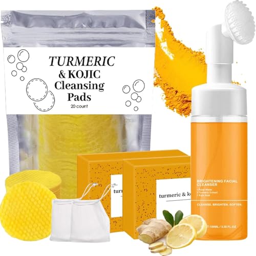 4Pcs Turmeric Wash and Care Three Piece Set Turmeric Trio: Facial Wash Cleansing Mousse & Soap for Skin Care Turmeric Cleansing Exfoliating Pads Turmeric Face Wash Natural Skincare for Face & Body