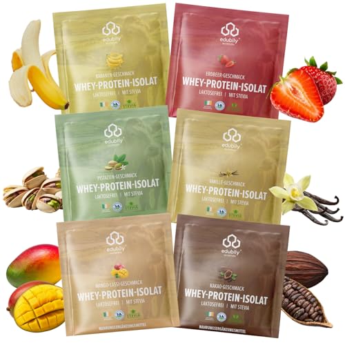 edubily nutrition® Whey Protein Isolat Probierpaket • Aus irischer Weidehaltung • Sehr gut lösliches Eiweißpulver ohne Kohlenhydrate & Zucker • Laktosefrei • 6 x 25 g (Classic - Fruity)